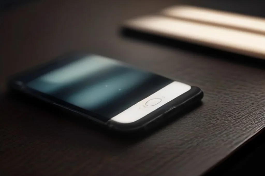 Smartphone lying face-down on a dark desk beside a small padlock