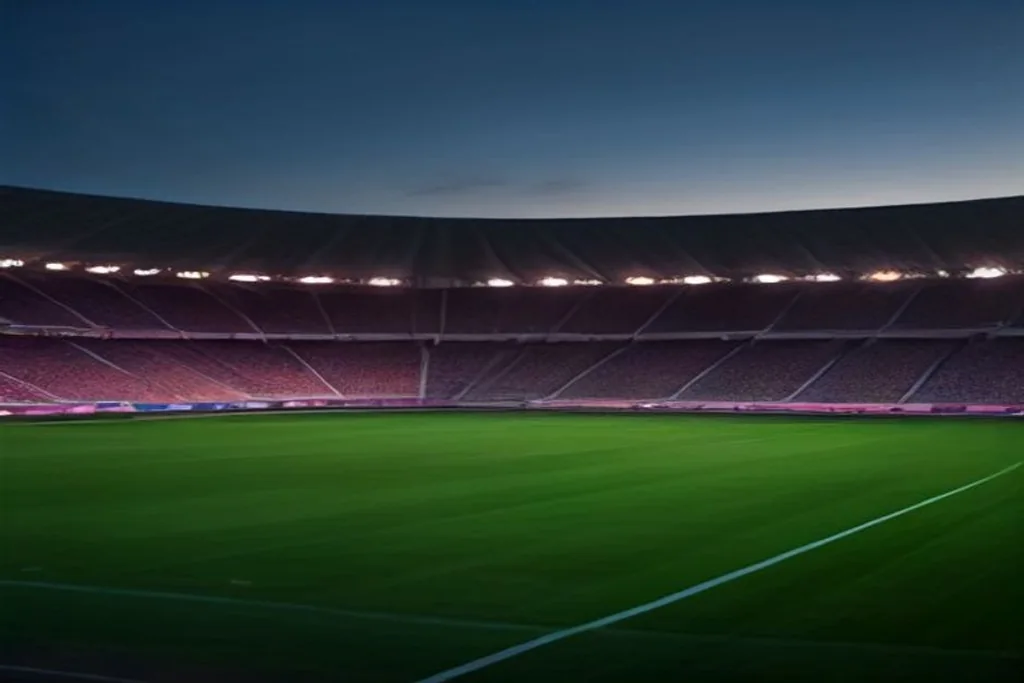 Empty modern football stadium at dusk with floodlights on