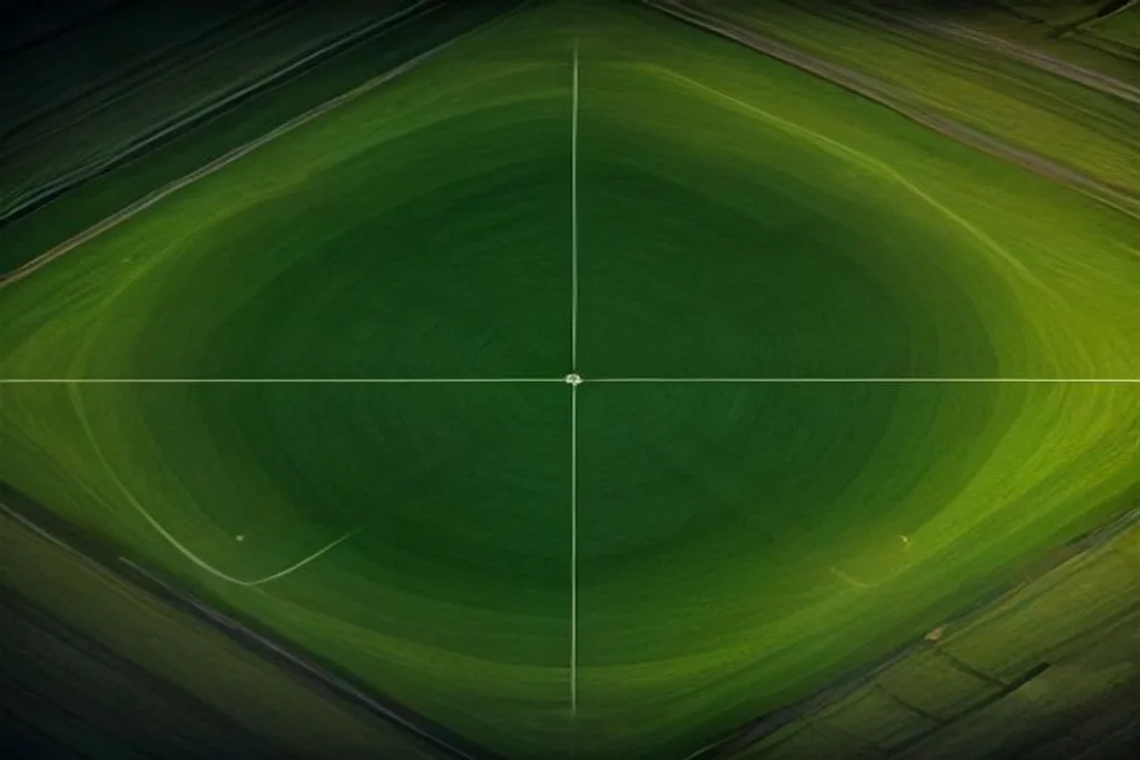 Aerial view of an empty soccer pitch with mowed stripes at evening light