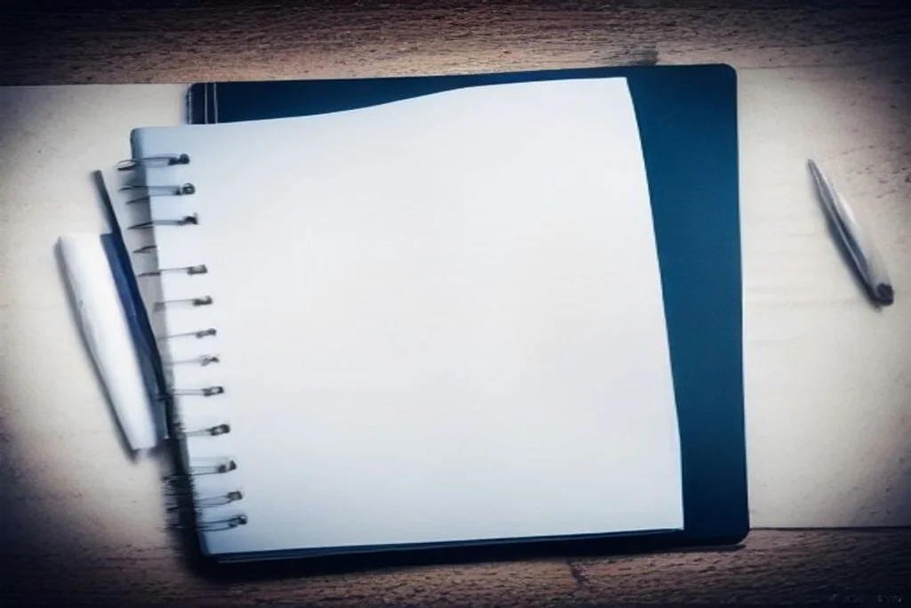 Blank notebook with a pen and reading glasses on a dark blue desk