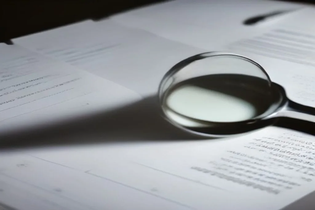 Magnifying glass over a blank contract page, dark office light