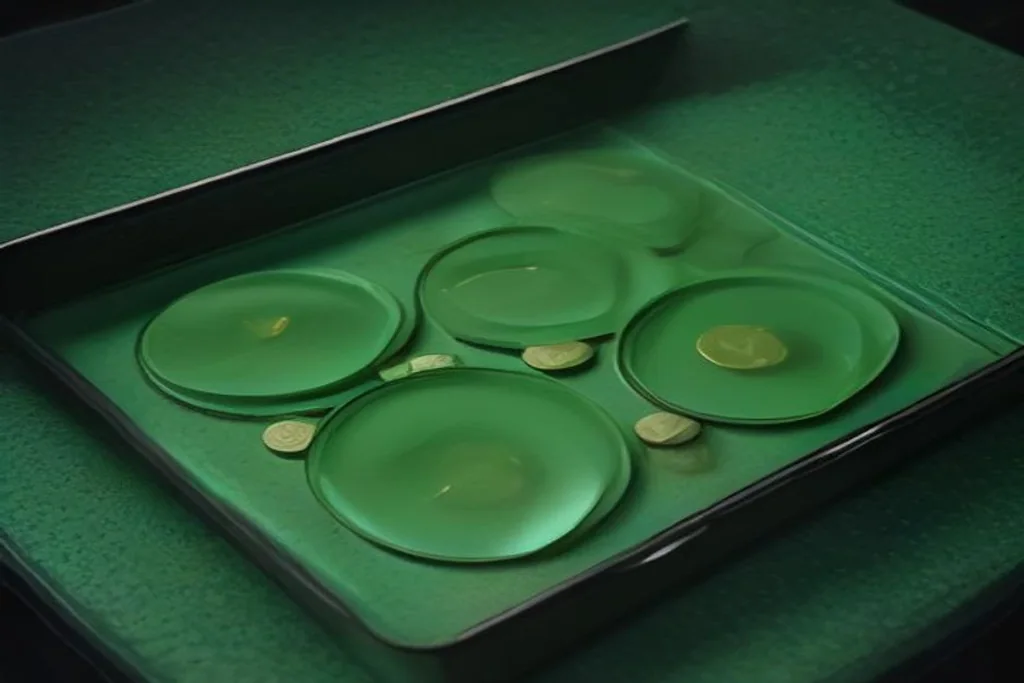 Coins dropping back into a glass tray on a dark green felt surface