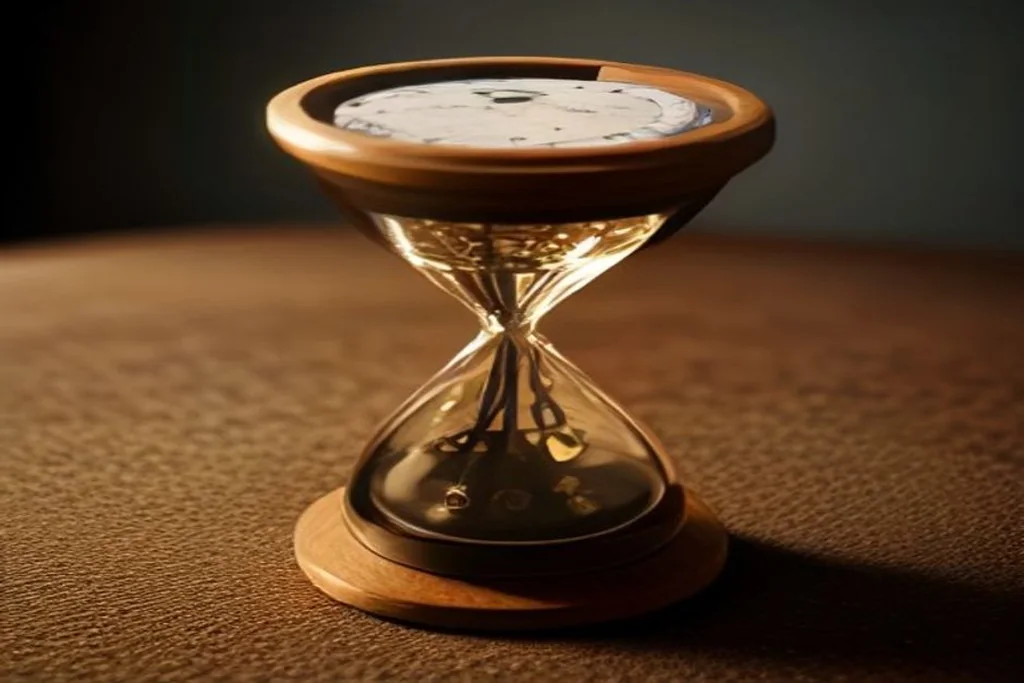 Poker chips stacked beside a small hourglass on dark felt, warm light