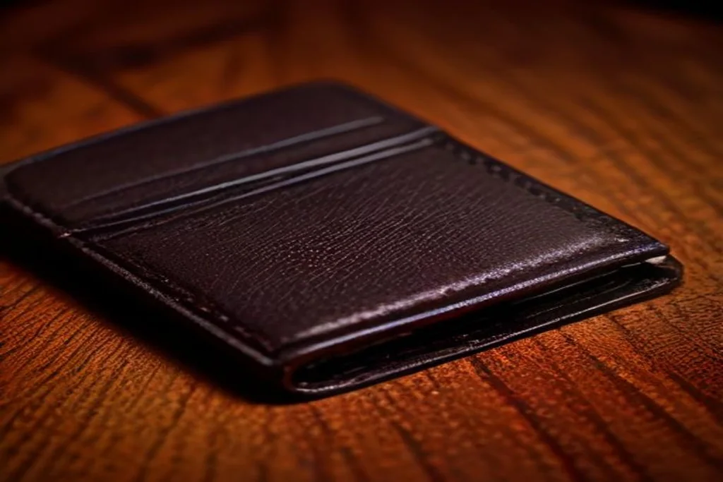 Closed smartphone with dark screen beside a leather cardholder on dark wood