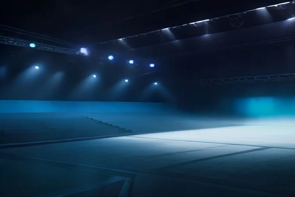 Esports arena stage with empty gaming chairs and blue stage lights