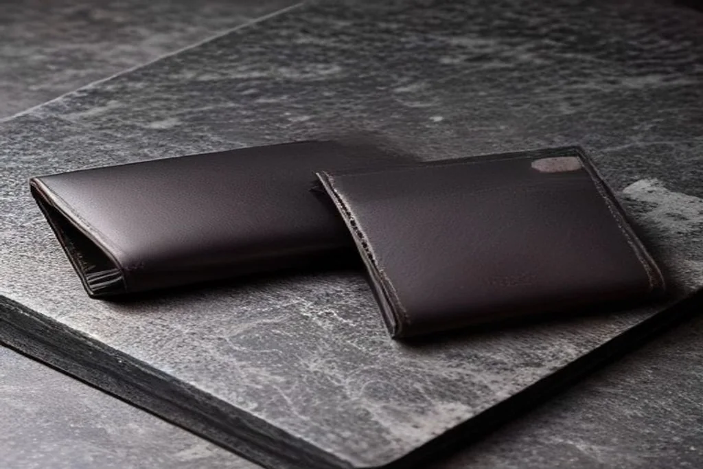 Two leather wallets and a slim cardholder on a dark marble surface