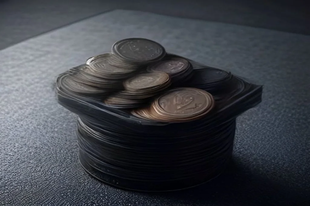Closed smartphone with dark screen on dark fabric beside stacked coins