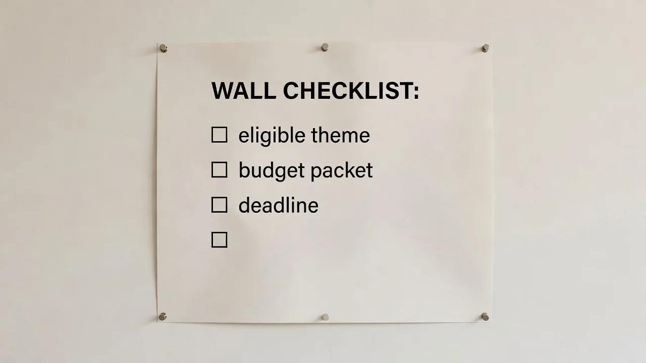 Wall checklist: eligible, theme, budget, packet, deadline