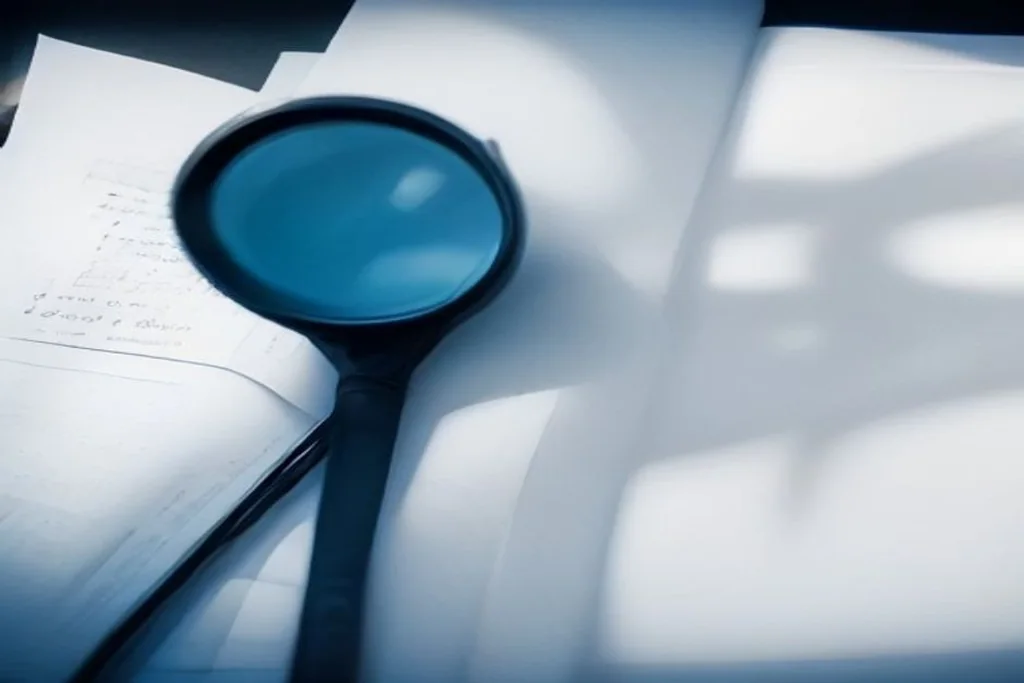Magnifying glass over a blank sheet of paper on a dark blue desk