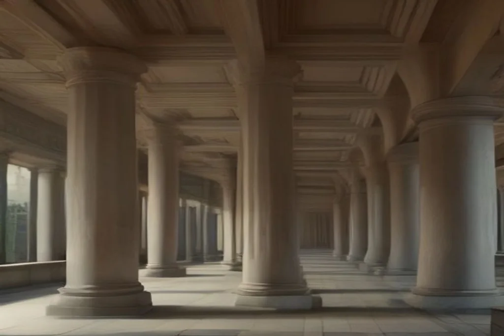 Government-style building columns at night with warm light