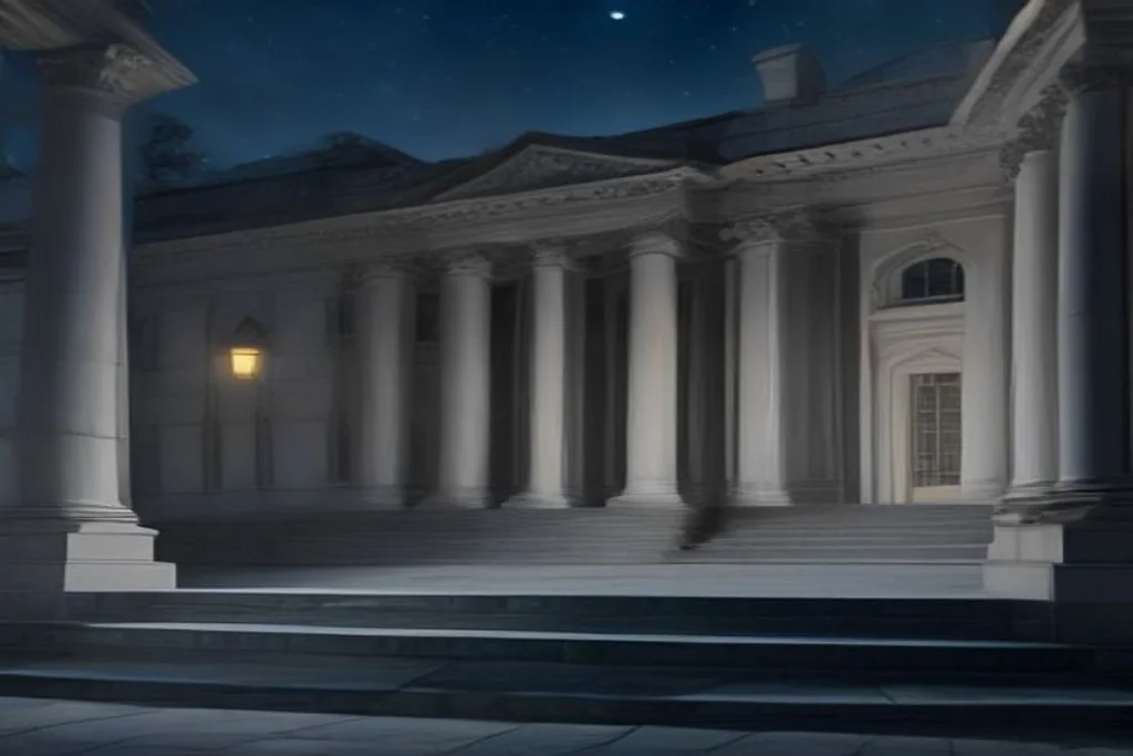 Marble courthouse-style steps at night with soft blue lighting