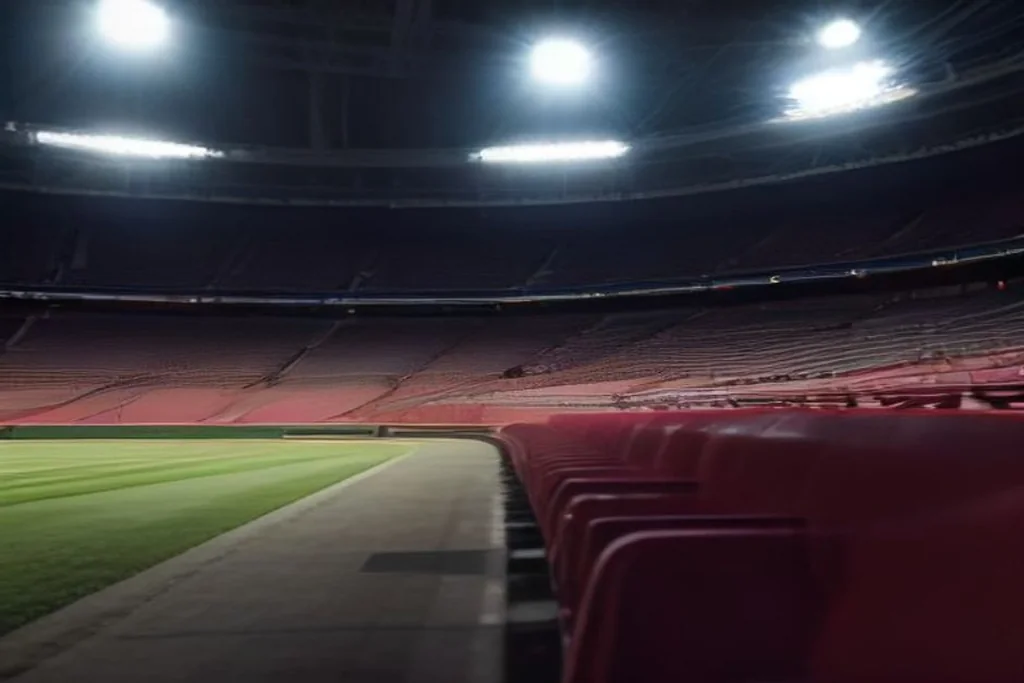 Phone resting on an empty stadium seat with floodlit stands behind