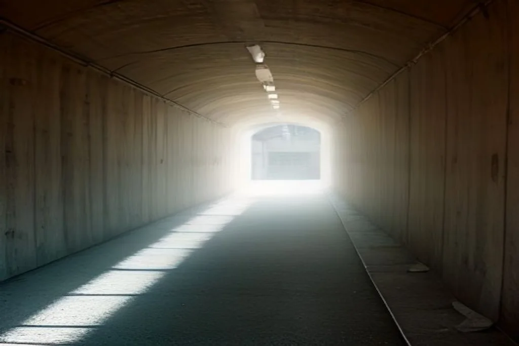 Empty stadium tunnel with bright daylight at the exit, no people