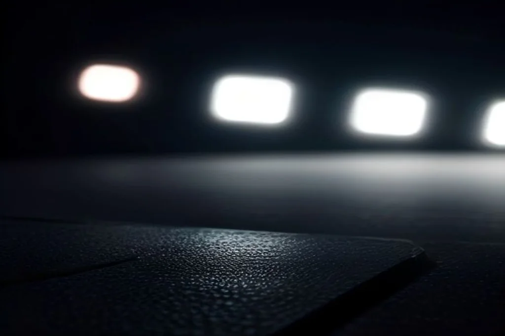 Smartphone lying on a dark table with blurred stadium floodlights behind