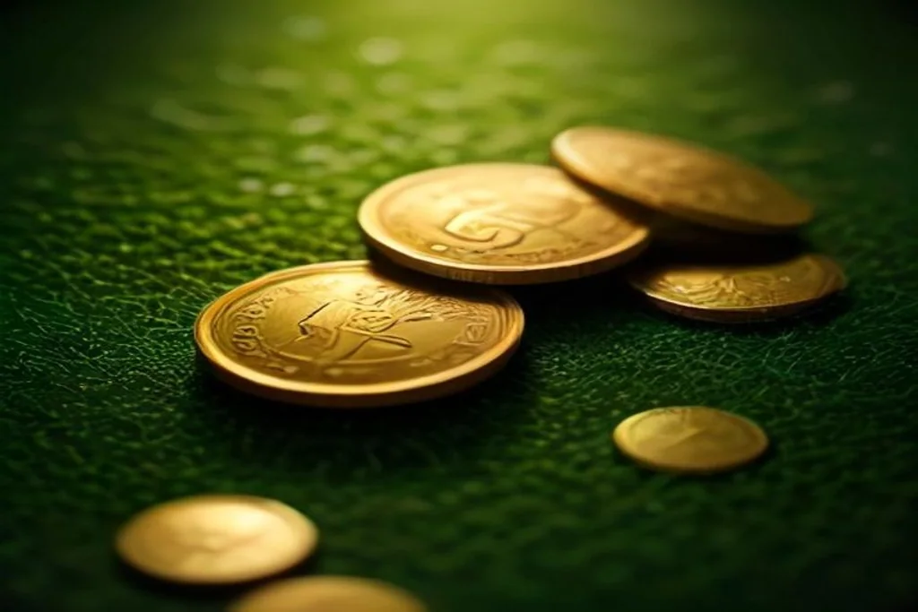 Golden coins scattered on green felt, close-up, dark background