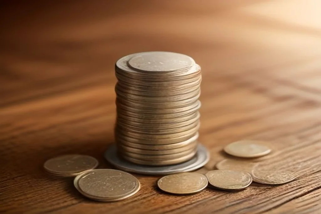 Stack of coins next to a blank price tag on a dark wooden surface