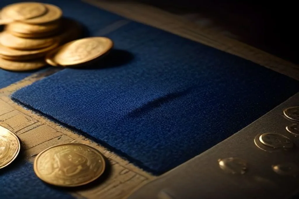 Gold coins on a dark blue felt surface next to a small calculator