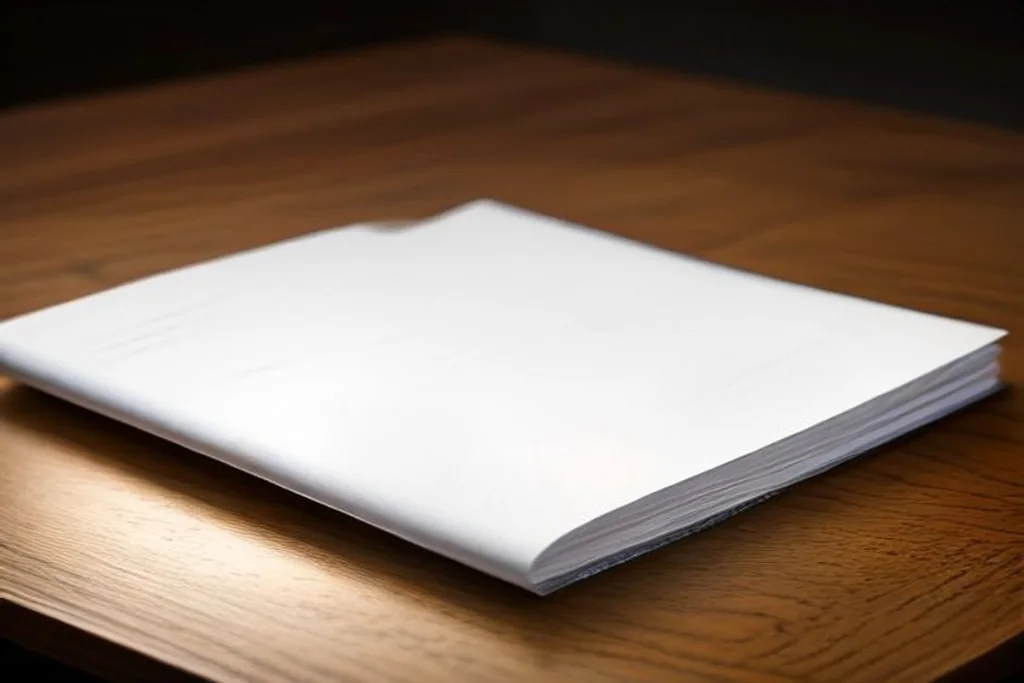 Blank document folders stacked on a dark wooden desk with a pen