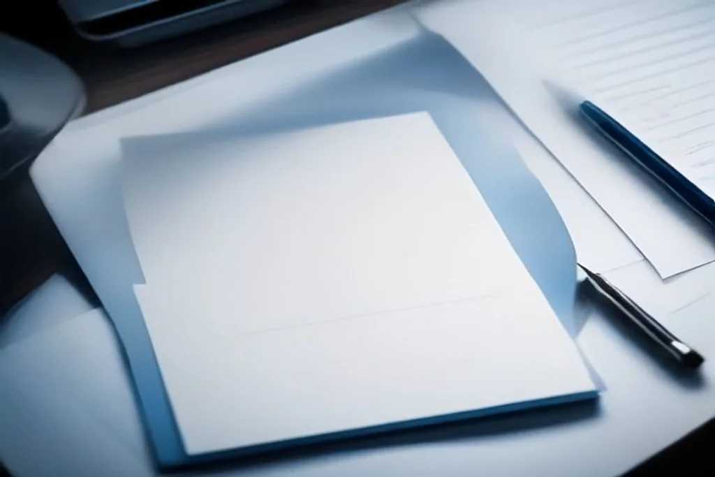 Blank paper sheet under a magnifying glass on a dark blue desk