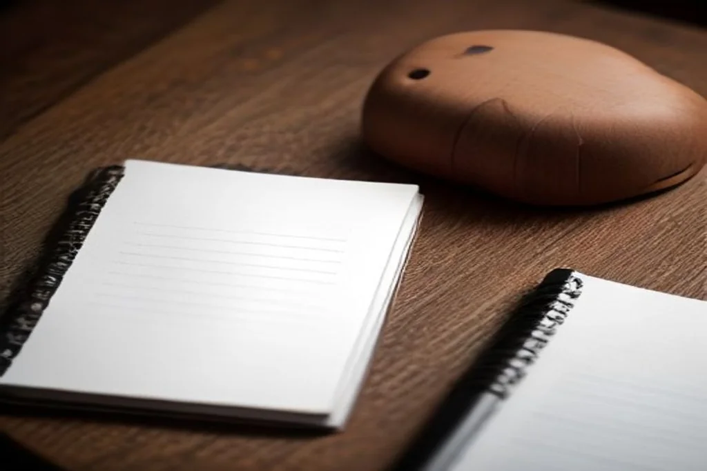Two blank notebooks and a pen on a dark wooden table