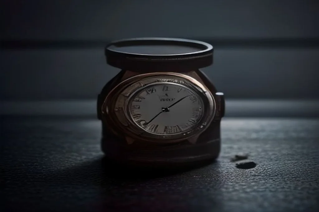 Calm dark still life with a wristwatch and stacked chips, no text