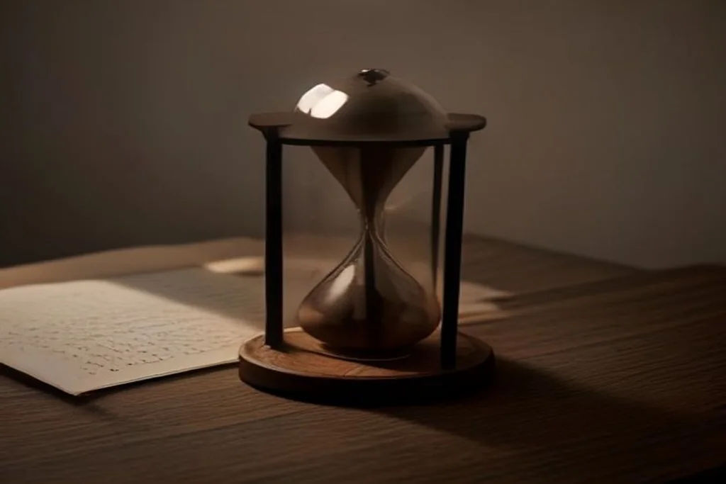Single hourglass on a dark wooden table beside a closed notebook