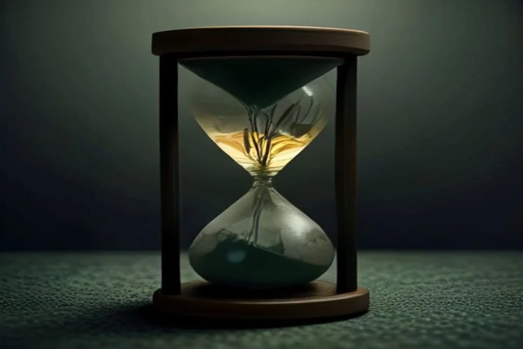Hourglass beside stacked chips on green felt in calm dark lighting