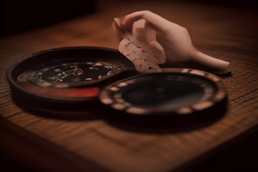 Calm dark still life with a wristwatch and a few poker chips on wood