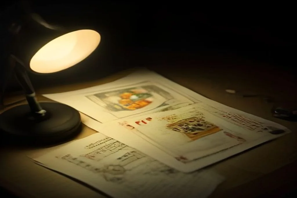 Calculator and poker chips on a dark desk under warm lamp light