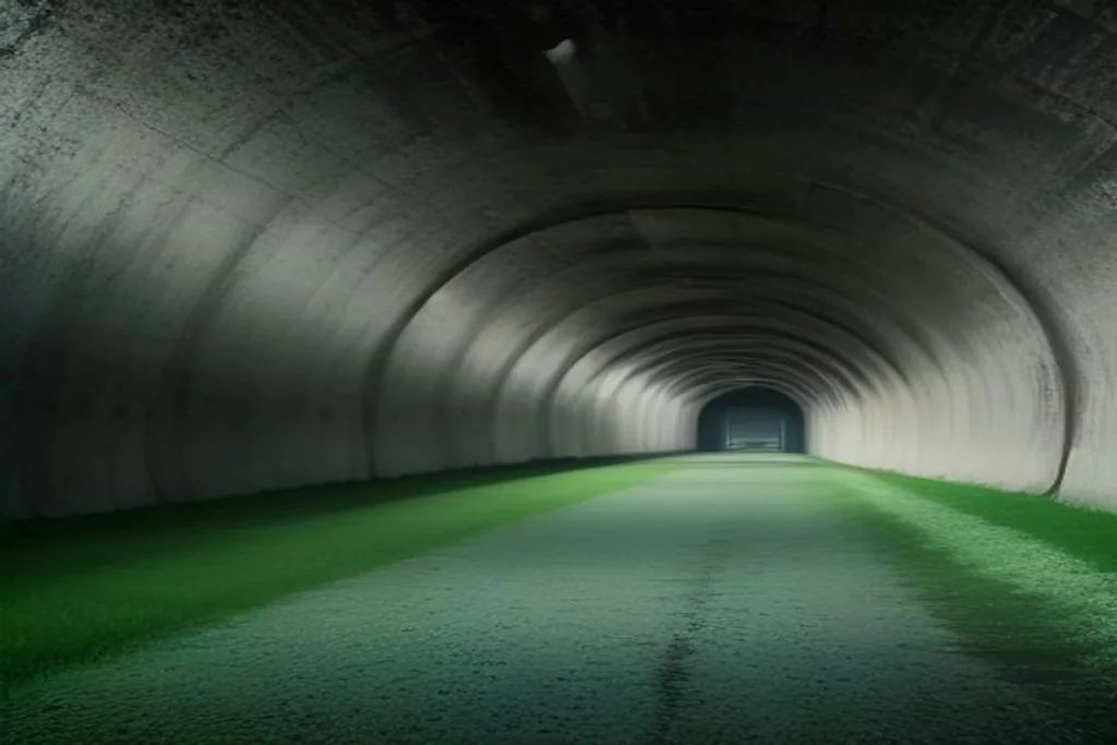 Floodlit empty stadium tunnel with a football on the grass