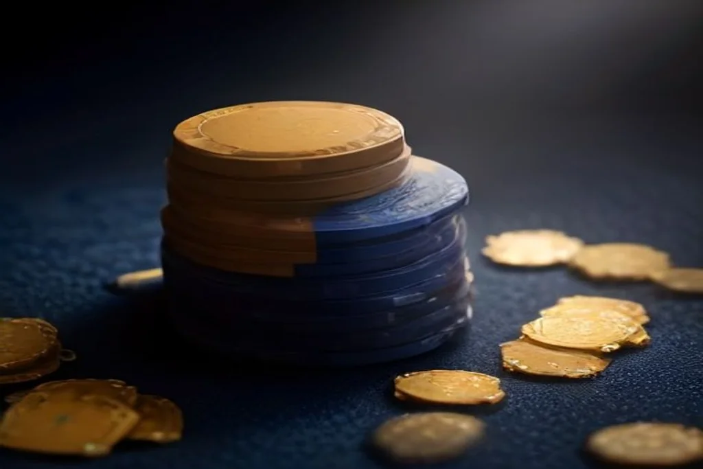 Stack of golden casino chips on dark blue felt under a spotlight