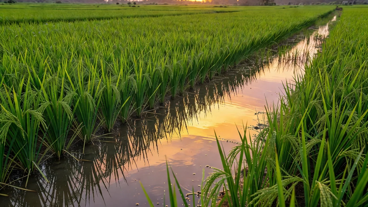 Close-up of golden wheat stalks in a research plot with scientists taking measurements in the background