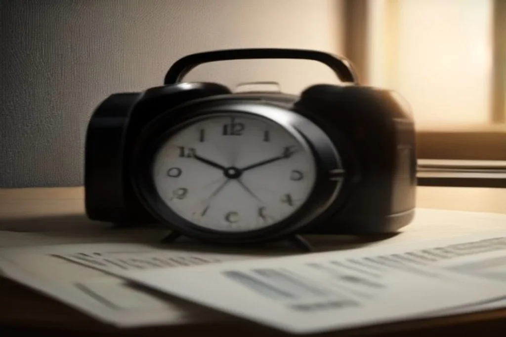 Alarm clock and euro banknotes on a dark glass table under soft light