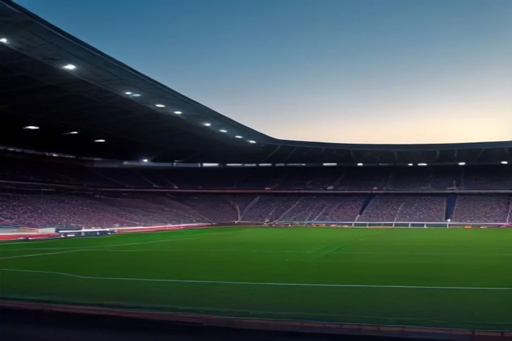 Empty modern football stadium at dusk with floodlights on