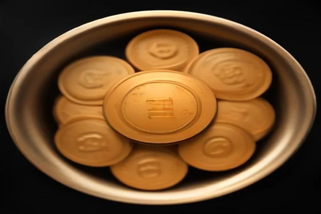 Coins falling back into an open hand-shaped tray, dark background