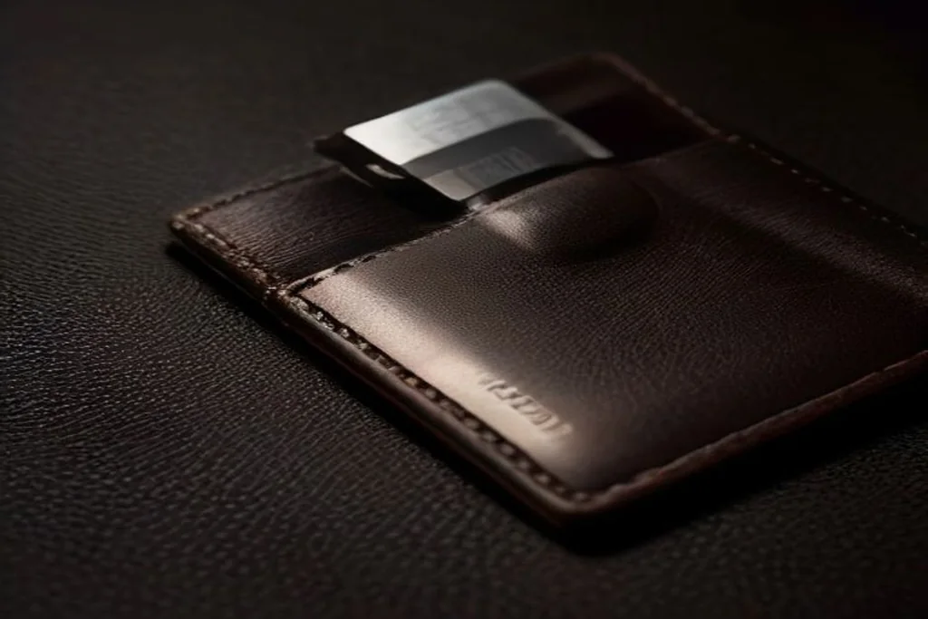 Bank cards and smartphone on a dark leather wallet background