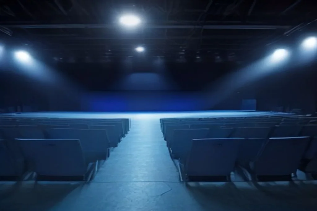 Esports arena stage with empty gaming chairs and blue stage lights, no screens text