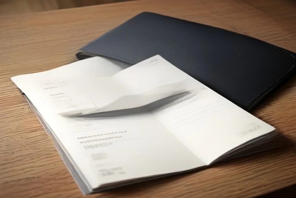 Passport cover and a utility bill envelope on dark desk, no text visible