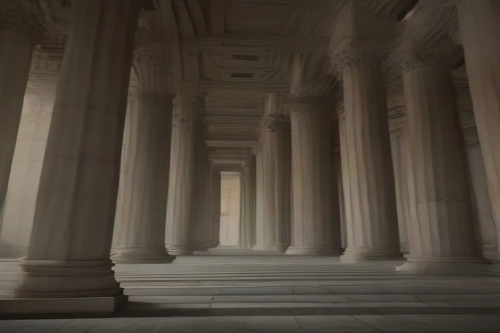 Government-style building columns at night, no flags with text