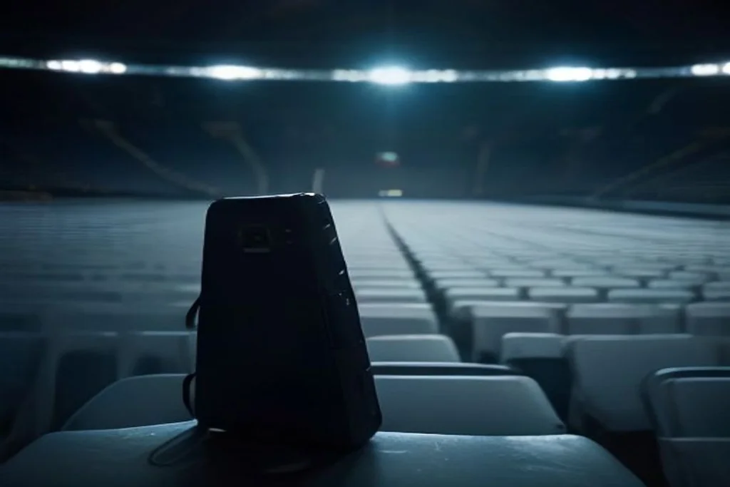 Phone on a stadium seat with empty floodlit stands in the background