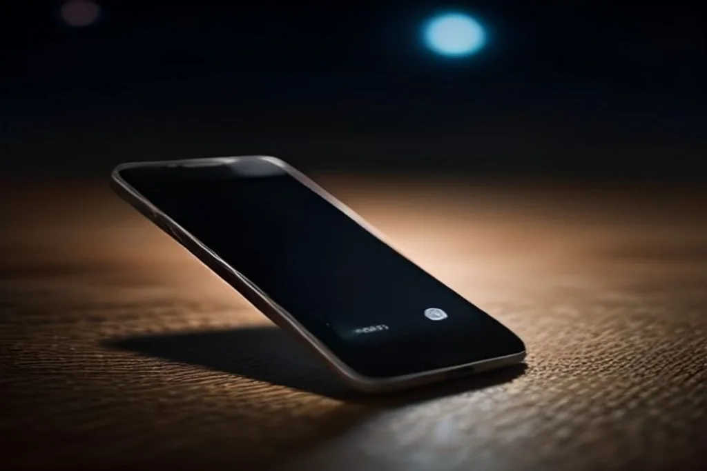 Smartphone lying on a dark table with stadium lights blurred behind