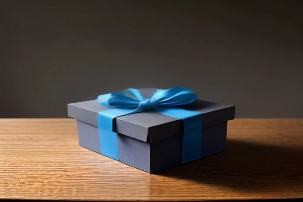 Gift box with blue ribbon on a dark wooden table, no text