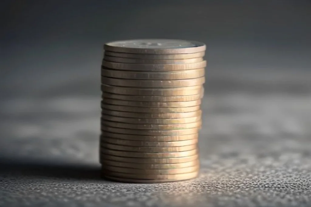 Stack of coins next to a small percentage-free blank tag, dark tone