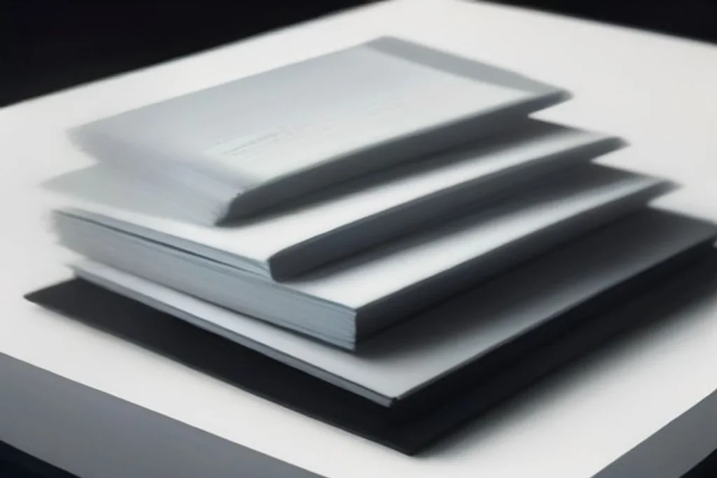 Blank official-looking document folders stacked on dark desk