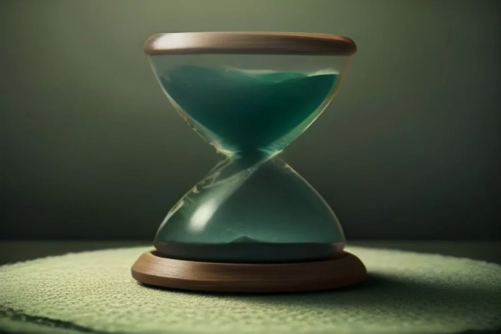Hourglass beside stacked chips on green felt, calm dark lighting
