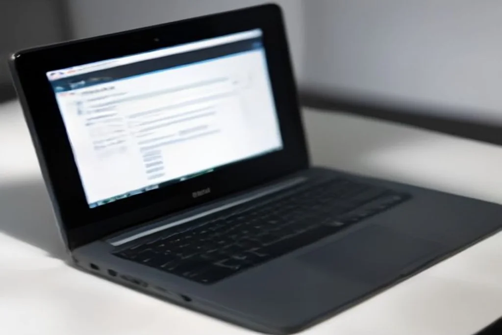 Blank registration form fields on a laptop screen, dark room, no text