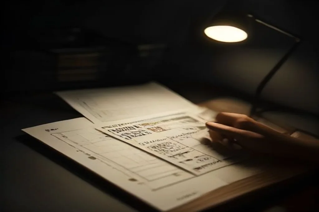 Calculator and poker chips on a dark desk under warm lamp light