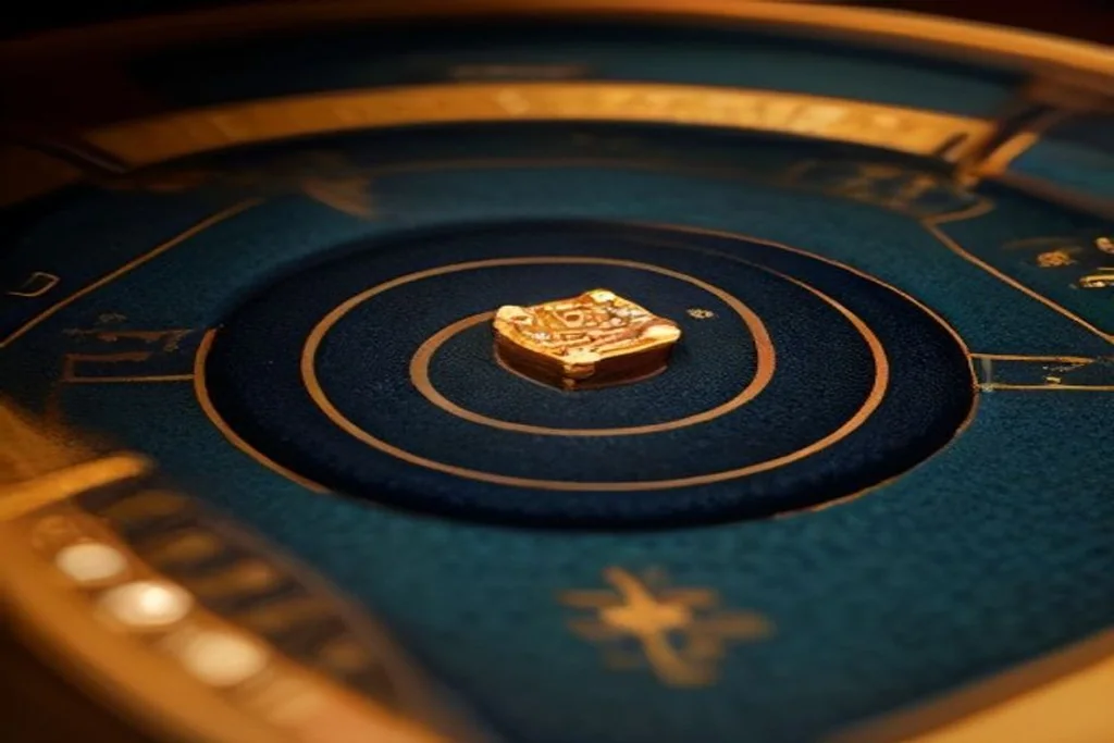 Golden casino chips stacked on dark blue felt table