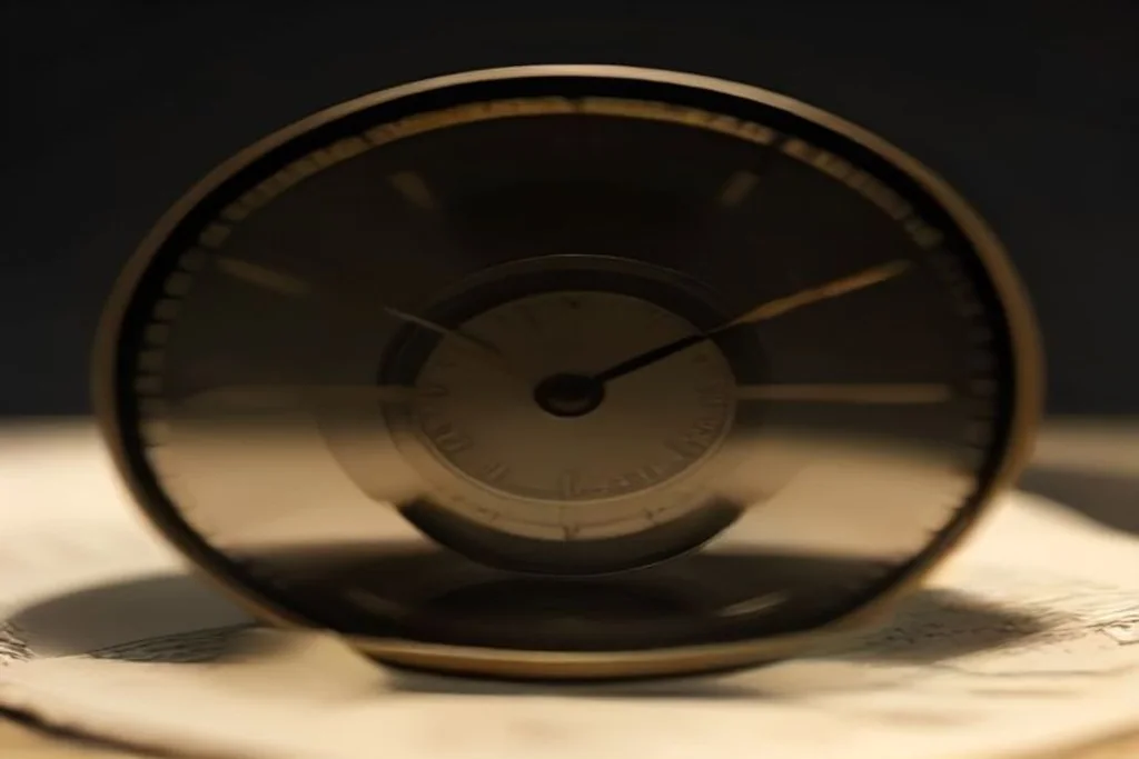 Clock and euro banknotes on a dark glass table, soft light